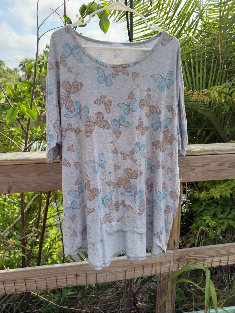 LuLaRoe Gray Tunic with Blue & Tan Butterfly Print